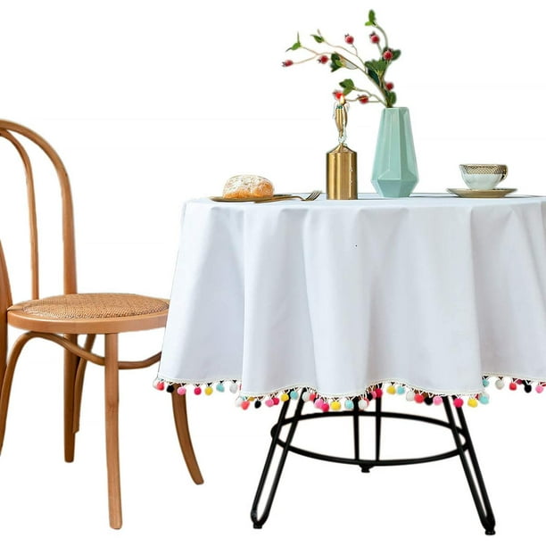 Dimatic Round 60 Inch Tablecloth Heavy Duty Cotton Linen Table Cover White Round Table Cloth With Multi Color Pom Pom Trim Walmart Com Walmart Com