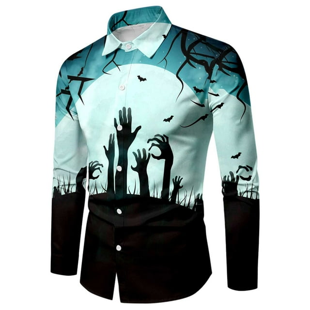 Chemise d'Halloween pour Hommes Manches Longues Imprimée Boutonnée Ajustée pour Fête