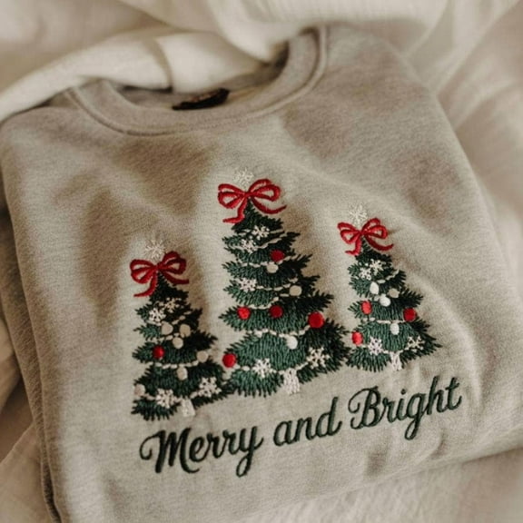 Merry and Bright Christmas Pine-tree Coquette Bow Embroidered Cotton Sweatshirt