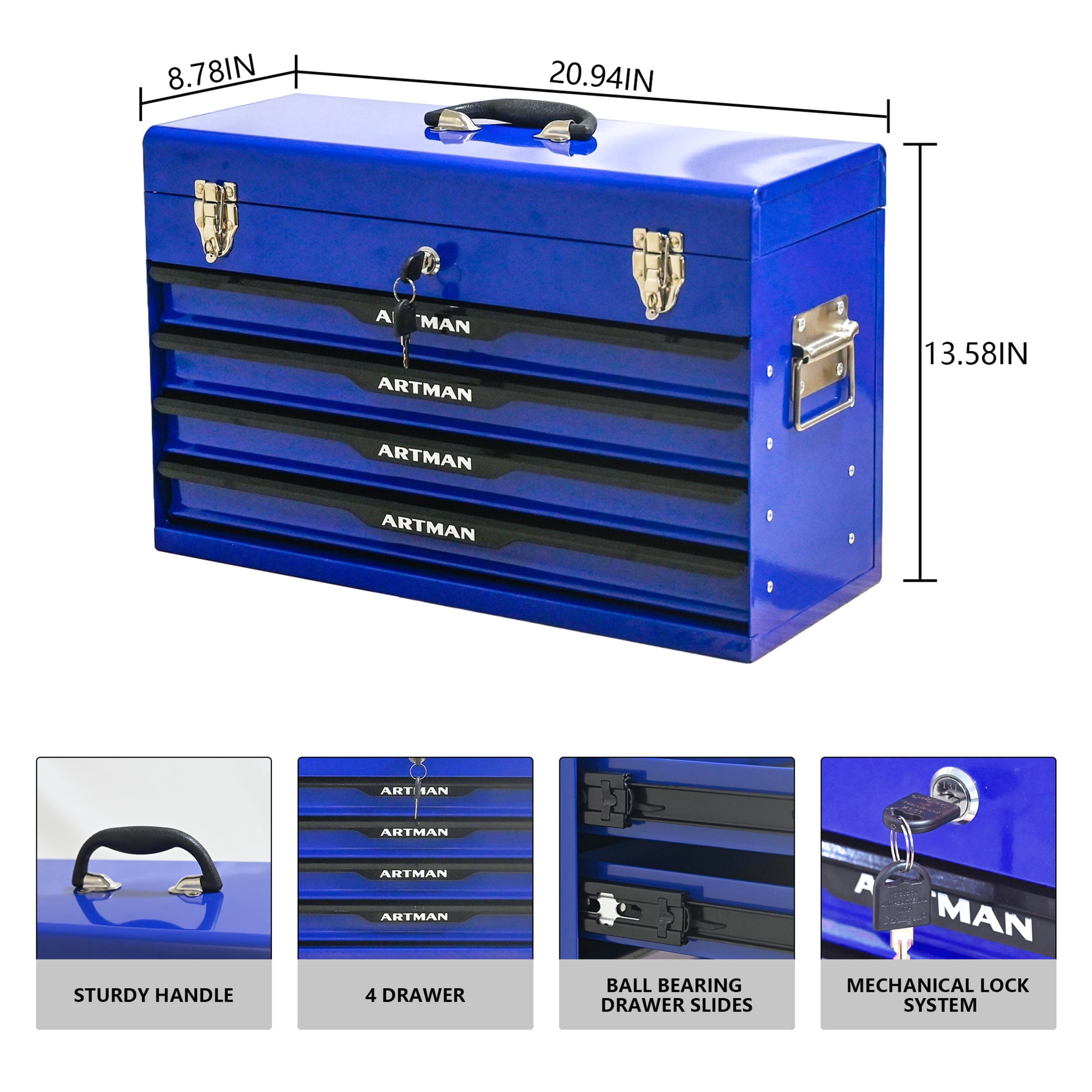 Noble House 20" Steel Portable Tool Box with 3 Drawers & Lock Closure, Ball Bearing Slide Organizer Chest, Blue