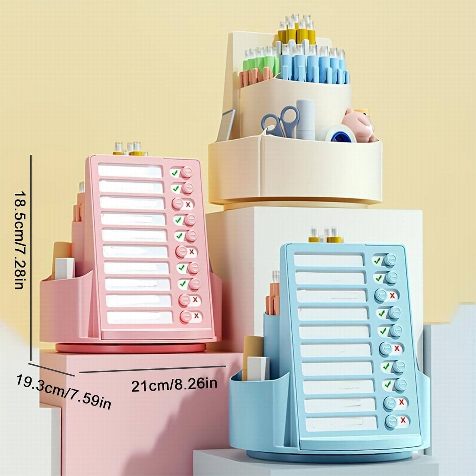 Rotating Desk Organizer with Multiple Compartments - Blue - Multifunctional 360° Rotating Pen Holder With Daily Schedule To Do List Checklist Board Rotating Pencil Cup With Stickers Cute Pencil Cup
