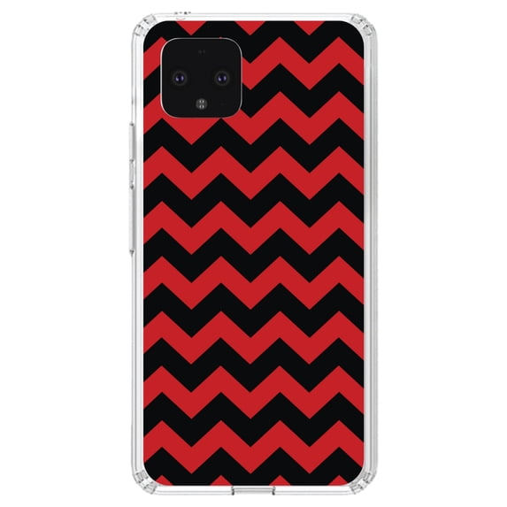 DistinctInk Clear Shockproof Hybrid Case for Google Pixel 4 (5.7" Screen) - TPU Bumper, Acrylic Back, Tempered Glass Screen Protector - Black Red Chevron Stripes - Chevron Stripes Pattern