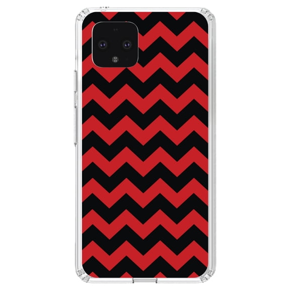 DistinctInk Clear Shockproof Hybrid Case for Google Pixel 4 (5.7" Screen) - TPU Bumper, Acrylic Back, Tempered Glass Screen Protector - Black Red Chevron Stripes - Chevron Stripes Pattern