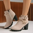 thumbnail image 2 of Womens Boots Chunky Mid Heel Round Toe Side Zipper Ankle Booties Casual Winter Buckle Short Boots Solid Color Winter Shoe for Women's Trendy Beige 5.5, 2 of 7