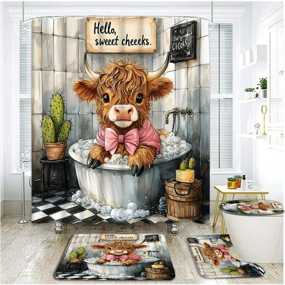 4 Piece Fashion Highland Cow Shower Curtain Set with Rugs, Toilet Lid Cover ,Pink Cartoon Bull Cattle in The Bathtub Foam Valentine's Day Rustic Farmhouse Animal Bathroom Shower Curtain with Hooks
