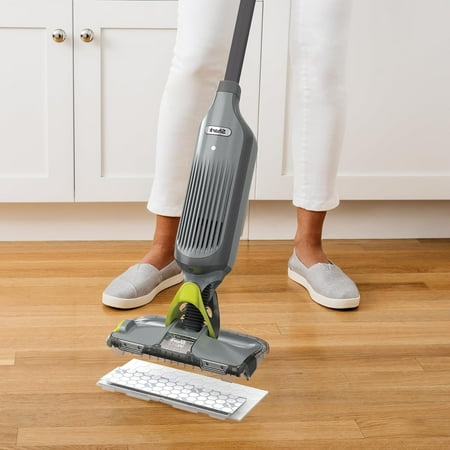 VACMOP Cordless Hard Floor Cleaner, Vacuum and Spray Mop, Powerful Suction, Lightweight, LED Headlights, Includes 4 Disposable Pads, 12oz Multi-surface Cleaning Solution, Gray, VM252