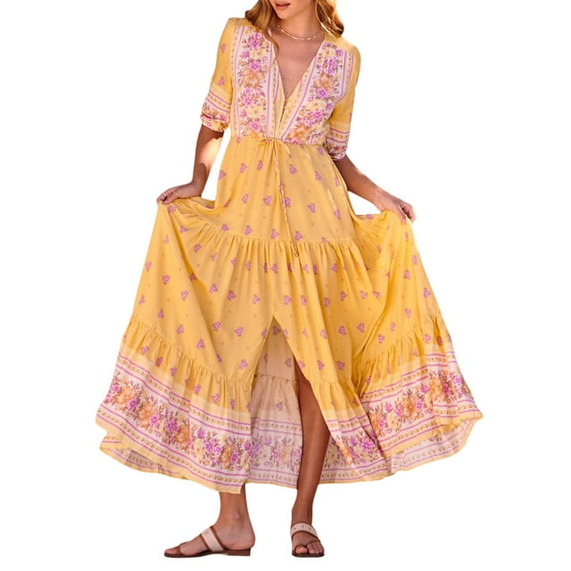 Nituyy Robe Longue à Imprimé Floral pour Femme, Manches Mi-Longues, Col en V, Ourlet Fendu, Coupe Fluide Évasée pour l'Été