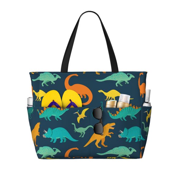 Zufioo Colorful Dinosaur Print Large Capacity Beach Travel Bag, Zippered Pocket Foldable Hand-held Shoulder Beach Bag