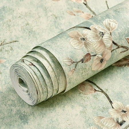 ERDOUY precision pressed rural style self-adhesive non-woven wallpaper, warm 3D wallpaper for bedrooms, European style living room 3D background wall wallpaper (light green)