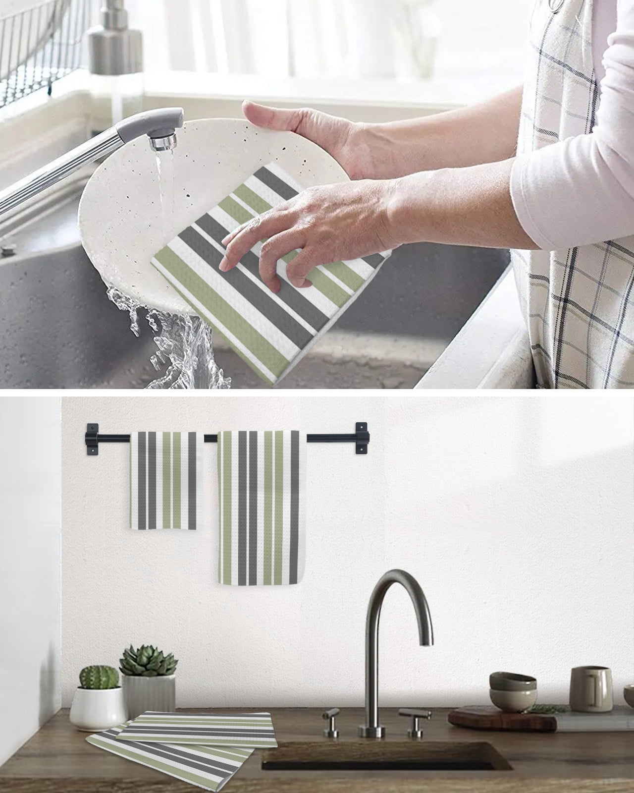 Sage Green Grey Striped Hand Towels Set, Waffle Weave Kitchen Towels 3 Pieces, Gray Modern Abstract Art Microfiber Hair Face Bath Tea Towel Absorbent Quick Drying Cleaning Dish Cloths 15.7"x23.6"
