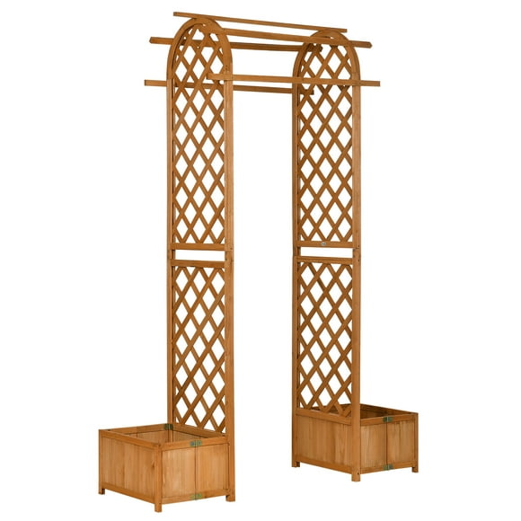 Outsunny 7.7FT Garden Arch with Planter Boxes Wooden Trellis Arbor, Brown