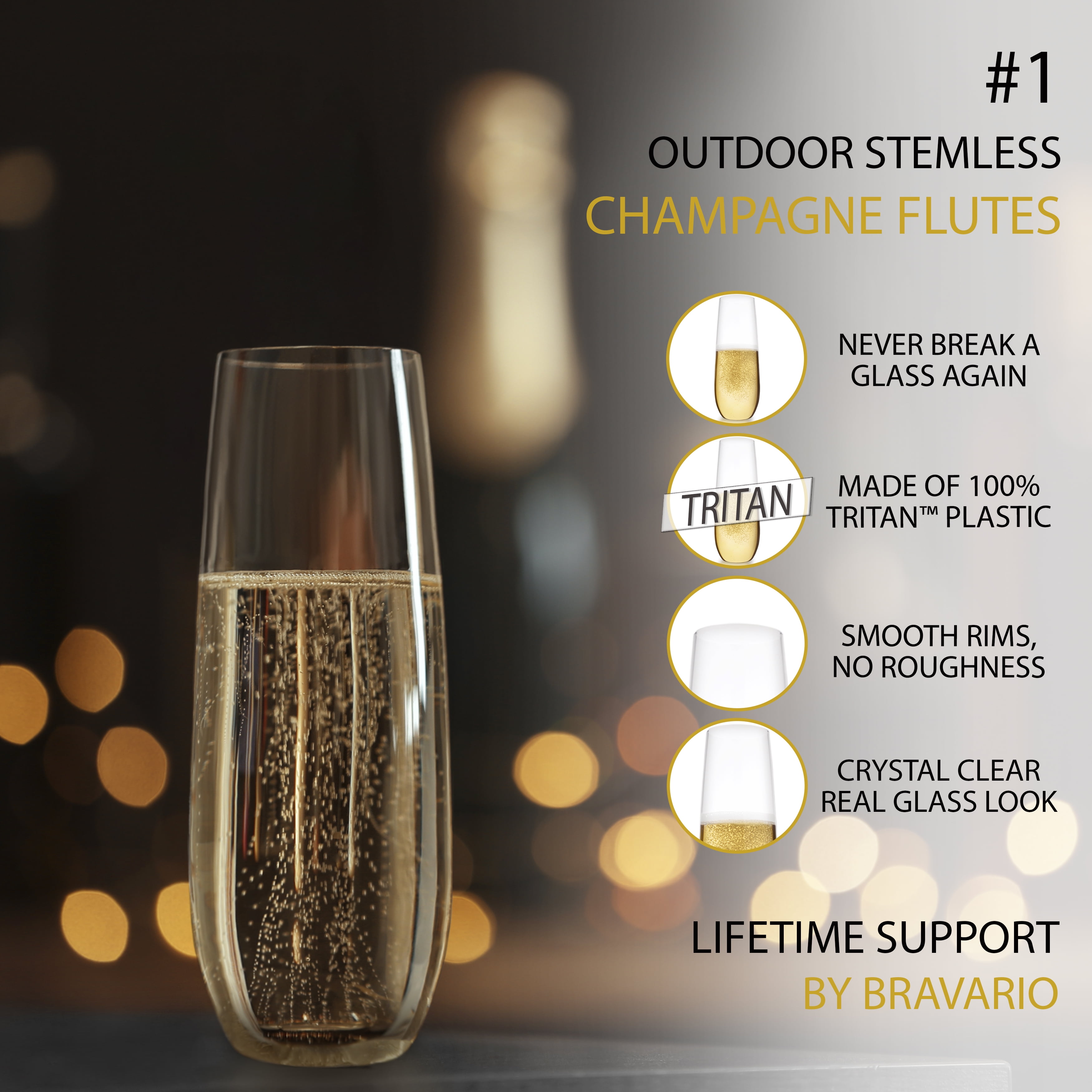 Bravario Plastic Champagne Flutes Set of 8, 8.5 oz Stemless BPA-Free Tritan Glasses