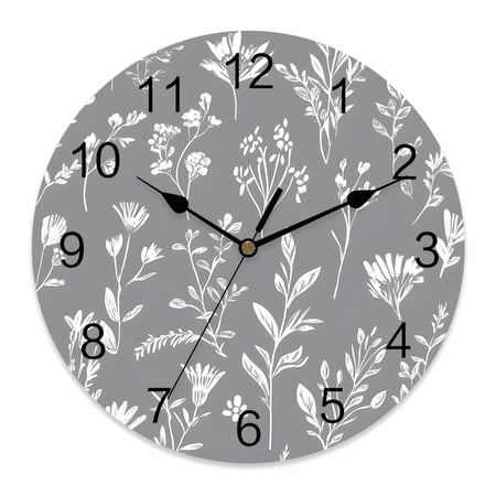 14 Inch Gray Sage Leaves Wall Clock, Boho Floral Leaf Battery Operated Silent Non Ticking Clocks, Easy to Read Round Wall Clock for Kitchen/Living Room/Bedroom/Bathroom
