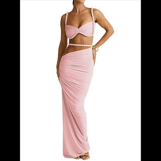 Conjunto de 2 Piezas para Mujer, Sexy, , de Verano, con Top Fruncido y Espalda Descubierta, y Falda con Aberturas, Vestido de Noche. Rosa M