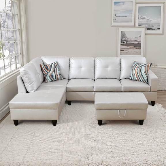 MAYEERTY Silver Grey Semi PU Synthetic Leather 3-Piece Couch Living Room Sofa Set