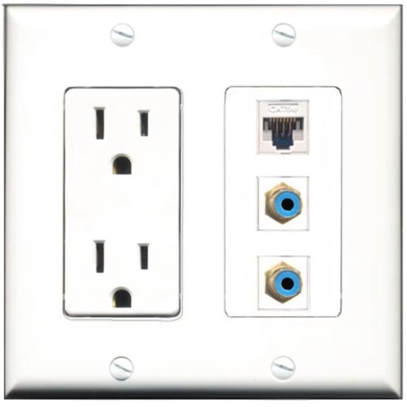 RiteAV - 15 Amp Power Outlet 2 Port RCA Blue 1 Port Cat5e Ethernet White Decorative Wall Plate