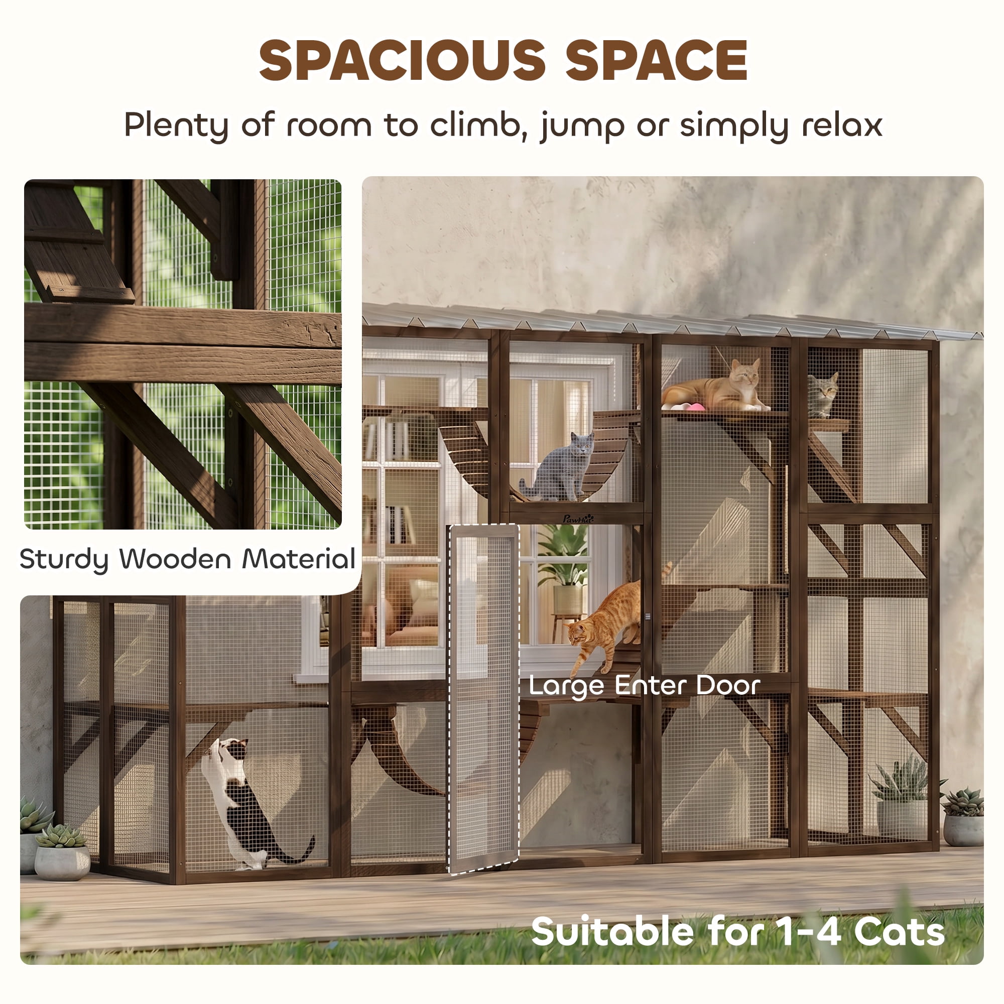 PawHut Catio Playground Outdoor Cat Enclosure, Wooden Outdoor Cat House Weatherproof for Multiple Cats, Shelves & Bridges, Coffee Brown