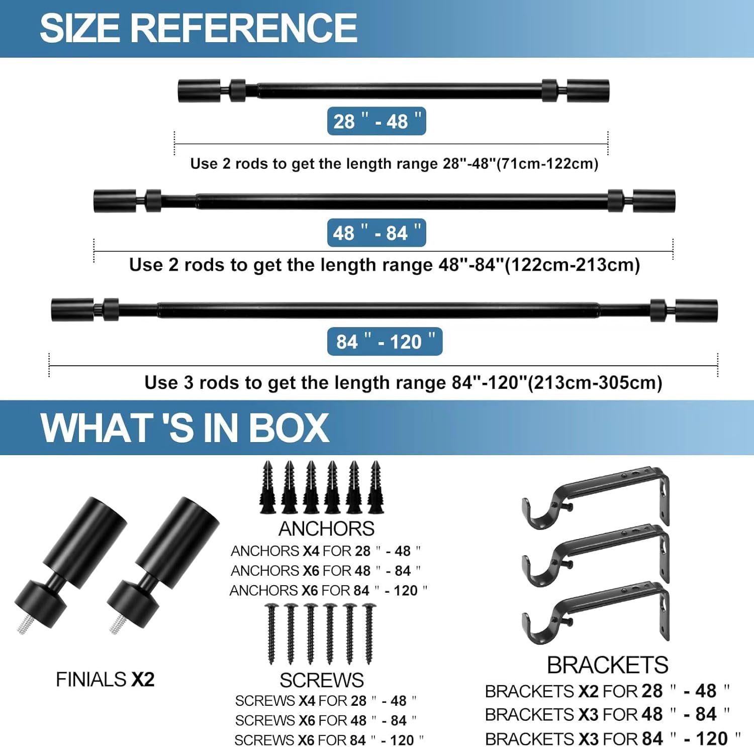Urbanest Adjustable Single Curtain Rod Set Sullivan Finials – 1 - Inch Diameter, With Black Rod, 48–84 Inches