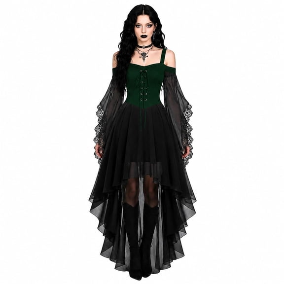 Womens Gothic Costume Dress, Off Shoulder Strap Dress Chiffon Butterfly Sleeve High Low Hem Lace Up Front Gothic Court Style Maxi Dress, Gothic Costume Dress, Gothic Cosplay Dress
