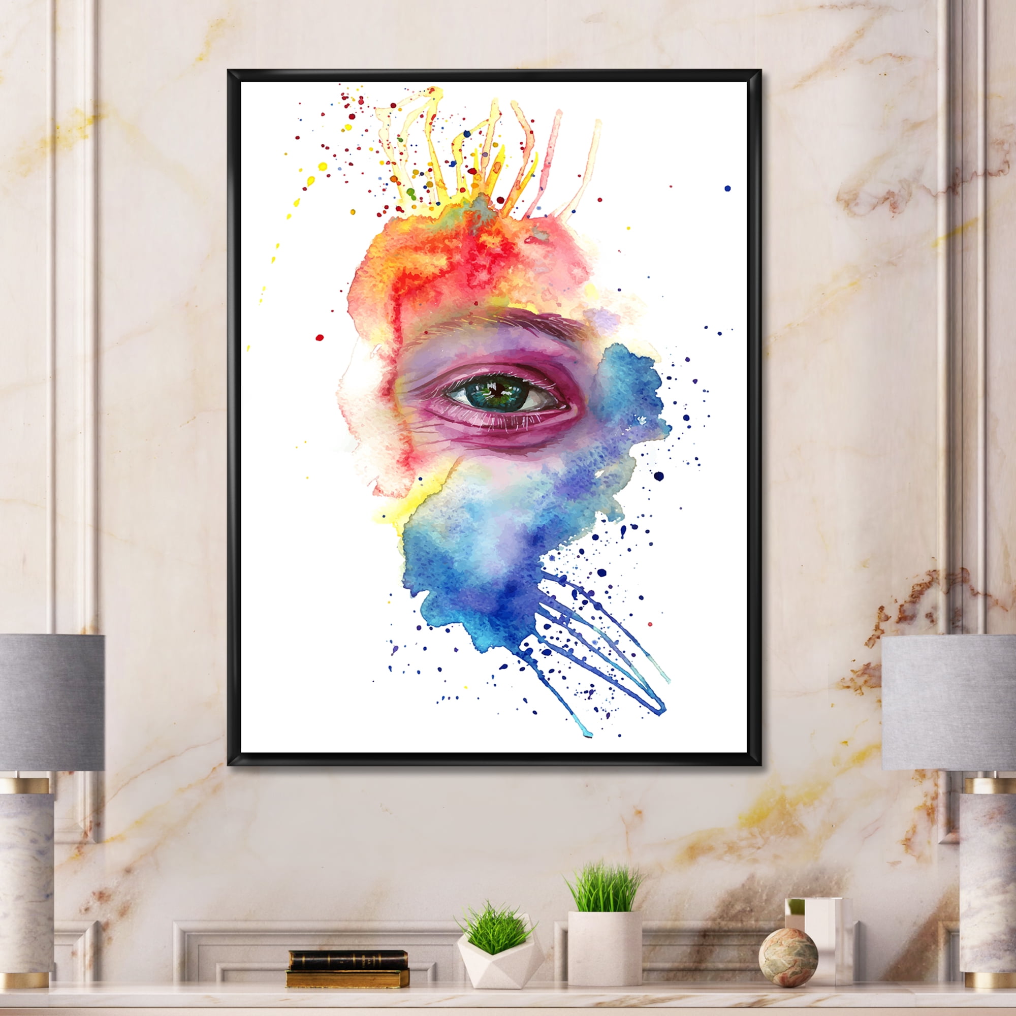 Designart 'Detail of Eye In Rainbow-Colored Face Portrait' Bohemian & Eclectic Framed Canvas Wall Art Print