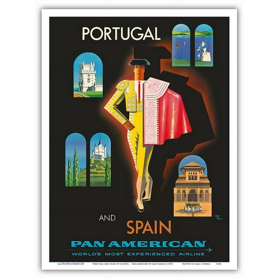 Portugal and Spain by Clipper - Matador - Pan American World Airways - Vintage Travel Poster by Jean Carlu c.1958 - Master Art Print (Unframed) 9in x 12in