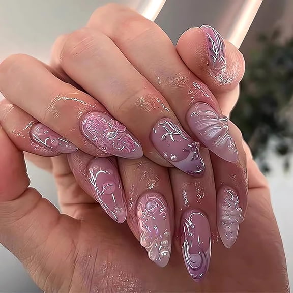 3D Handmade Press on Nails with Charms Medium Almond Fake Nails Cute French Nails Press ons Butterfly Flower Bow Stick on Nails Almond Shape Acrylic Nails Pearl Nails for Women Daily Wear