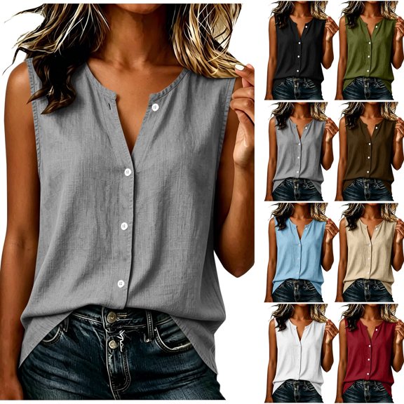 Admvng Tank Top for Women Cotton Sleeveless Notched V Neck Button Down Lightweight Casual Summer Camisole Blouse