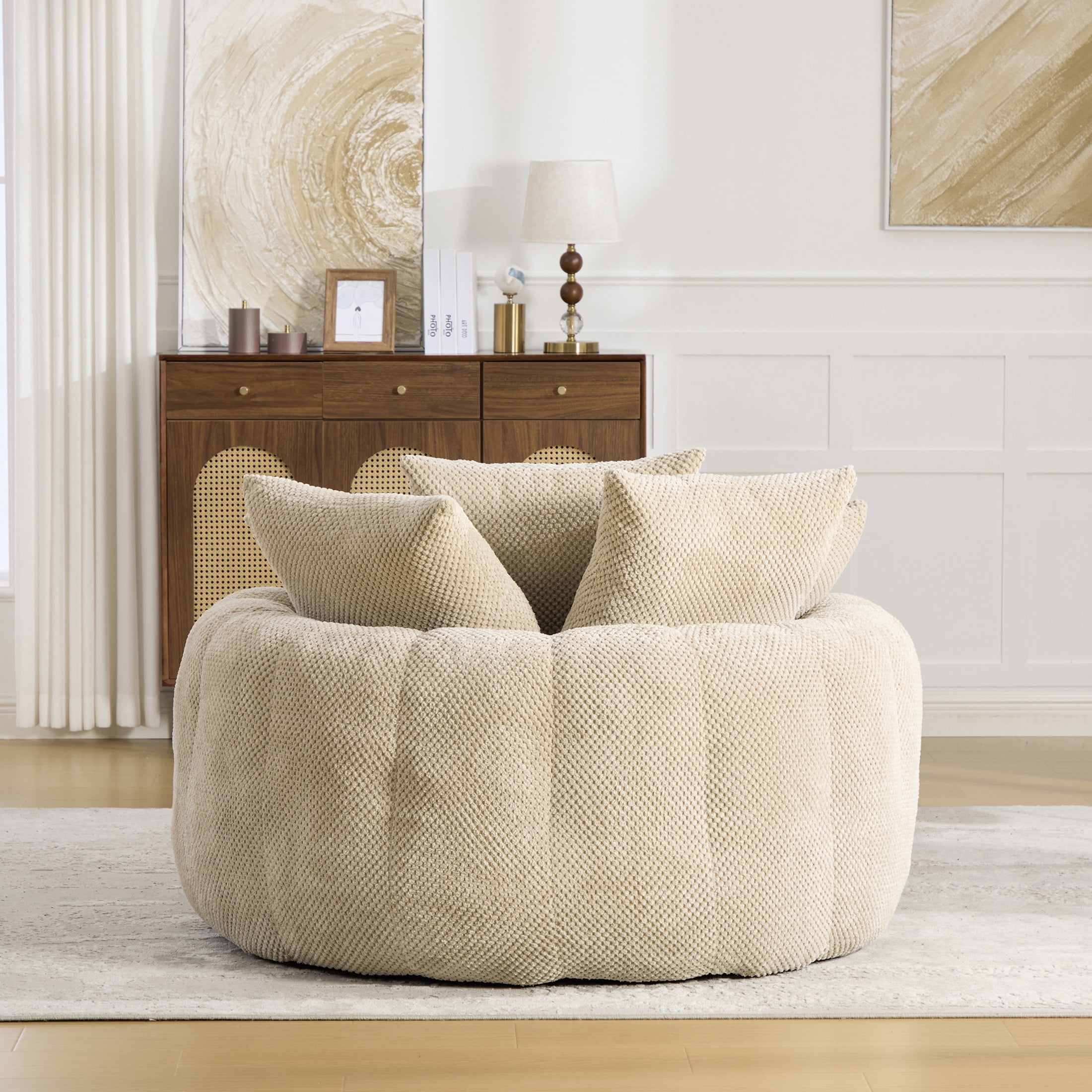 GDF Studio 53.15-Inch Oversized Pumpkin-Shaped Lounge Chair with Pineapple Lattice Fabric, Taupe