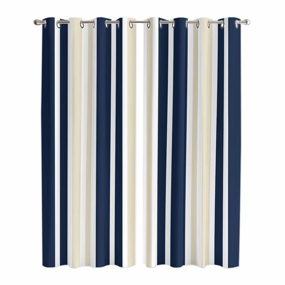 Navy Blue Khaki Striped Kitchen Curtains 84 Inch Length, Modern Minimalist Ombre Lines Grommet Top Bedroom Living Room Curtains, Light Filtering Cafe Curtain Drapes 2 Panels Set 84''x84''