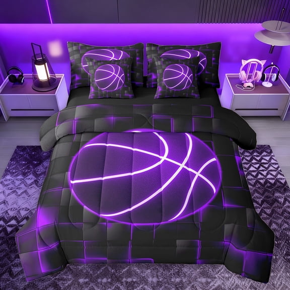 Homewish Neon Purple Basketball Twin Bedding Sets 7-Piece for Boys, Futuristic Square Honeycomb Bedding Comforter Set, Sports Theme Reversible Sheet Sets, Lightweight Room Decor