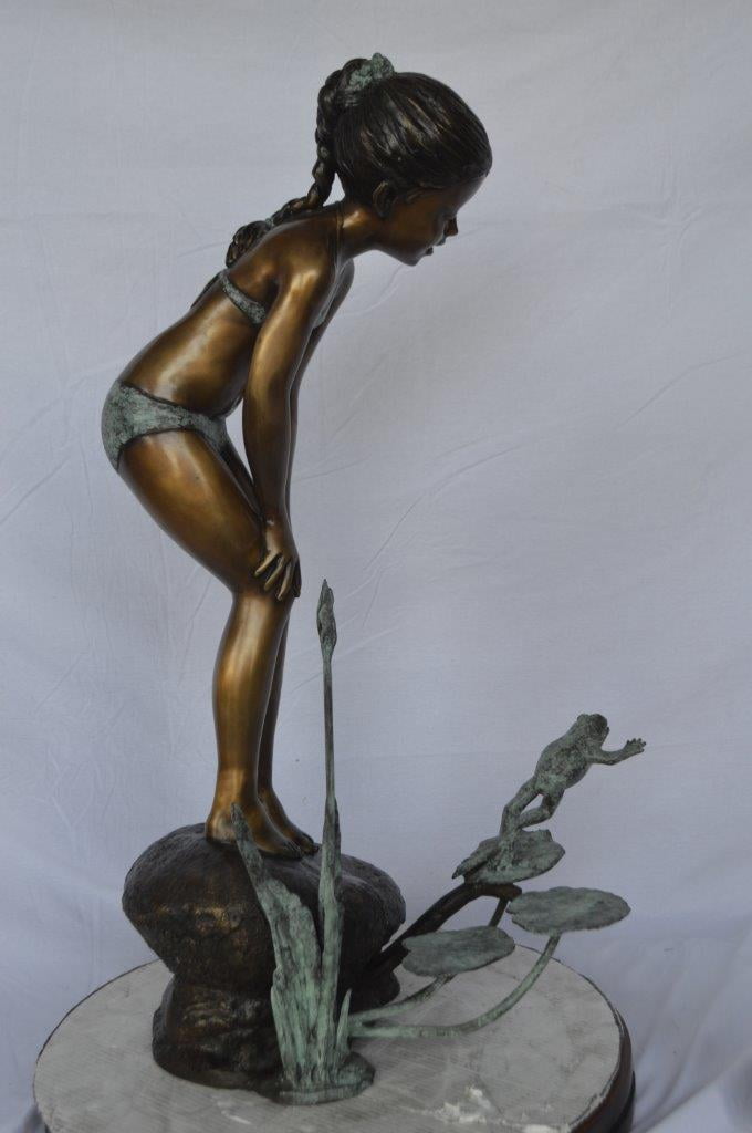 Nifao Girl Watching Jumping Frog – Outdoor Bronze Fountain, Garden Water Feature, 21"L x 15"W x 38"H