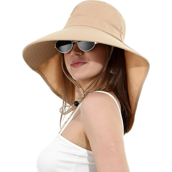 Womens Sun Hat Wide Brim with Ponytail Hole Neck Flap Outdoor UV Protection Foldable Fishing Cap UPF 50