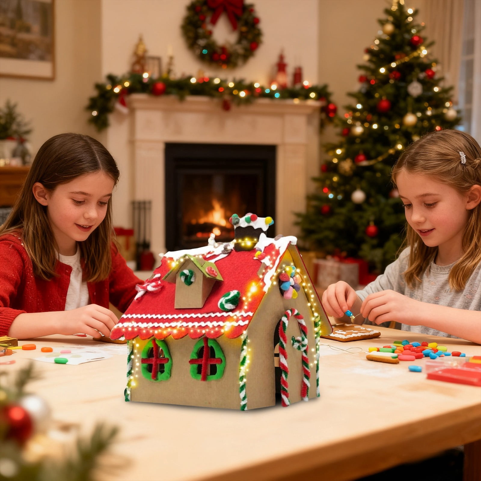 LGHDIWN DIY Wooden Christmas Gingerbread House Kit to Build with Paint Paintbrushes and Gingerbread Man Stickers 3D Christmas Tree Ornaments for Fun Craft Activity Creative DIY Art Project