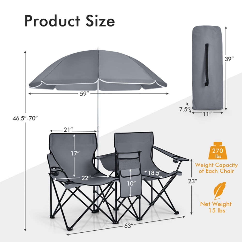 Aimee Lii Portable Folding Picnic Double Chair With Umbrella, Outdoor Beach Chair with Umbrella, Gray Aimee Lii Portable Folding Picnic Double Chair With Umbrella, Outdoor Beach Chair with Umbrella, Gray