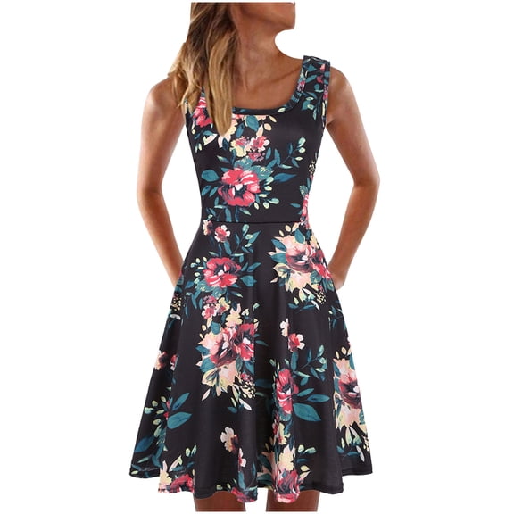 JINMGG Summer Dresses for Women under $10,Women Casual Sleeveless Dress O-neck Summer Print Dress for Beach