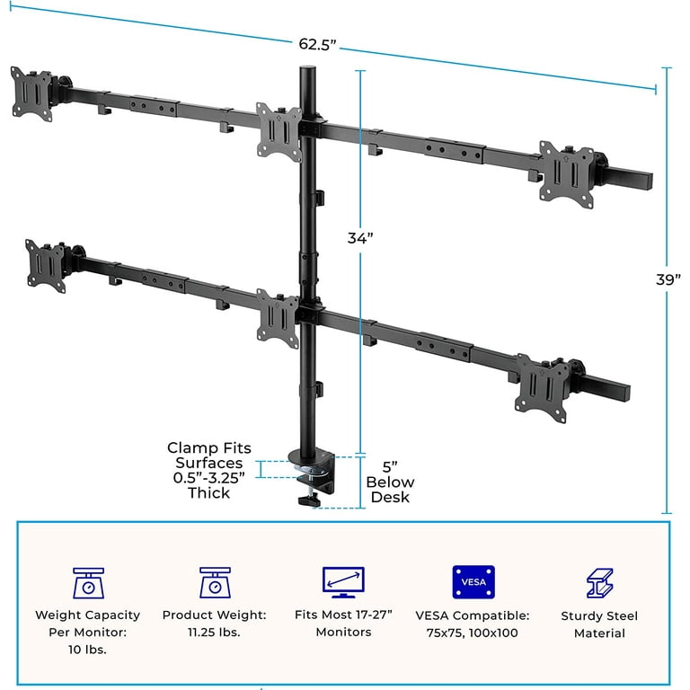 Stand Steady 6 Monitor Mount Desk Setup - Heavy-Duty Height Adjustable  Monitor Stand, Swivel Arm with Clamp-On Base, 6 Screen VESA Mount Fits Most