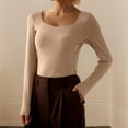 thumbnail image 1 of Womens Long Sleeve Shirts Crop Tops Solid Square Neck Going Out Basics Tees with Chest Pad (Khaki M), 1 of 2