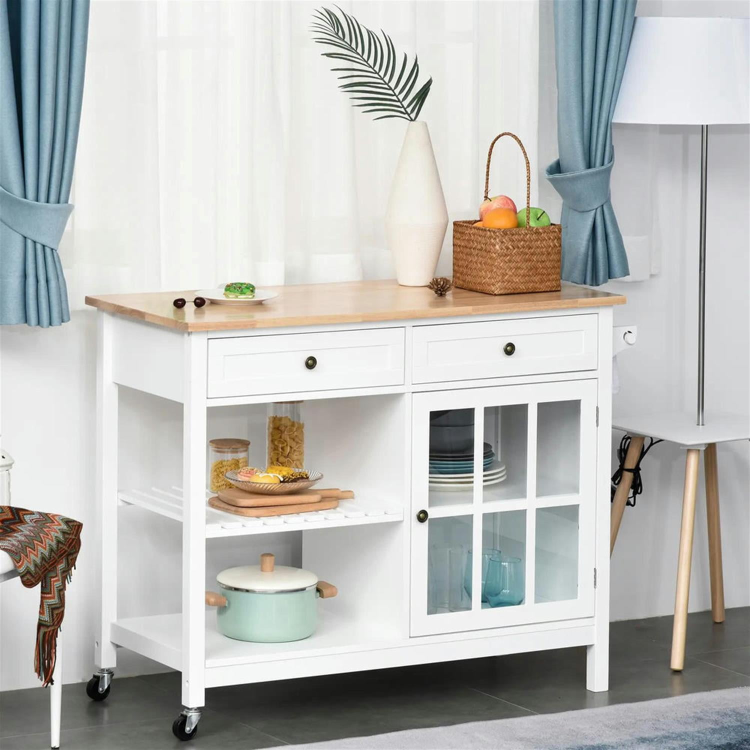 Demi Bonn Kitchen Island Cart on Wheels with Storage, Rolling Dining Room Serving Utility Carts Mobile Movable with Adjustable Shelf and Drawer, White