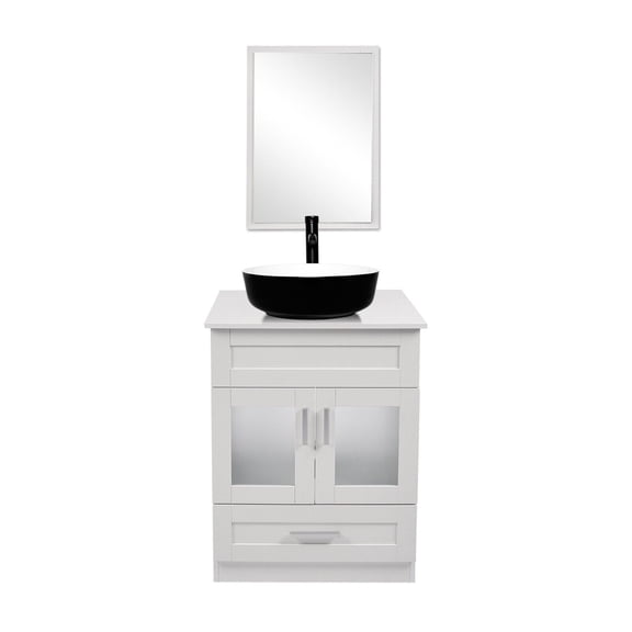 FULLWATT 24" Vanity Bathroom Cabinet with Mirror and Vessel Sink Bowl Faucet Combo Set