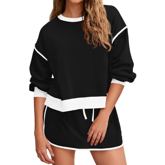 Womens Sweatsuits 2 Piece Set Crewneck Sweatshirts High Waisted Skort Skirts Tennis Running Tracksuits Shorts Sets