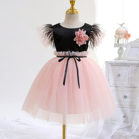 

Aayomet Dresses For Girls Toddler Girl Dress Feathered Sleeve Flower Dress Shaggy Mesh Princess Dress Fashion Pink 4-5 Years