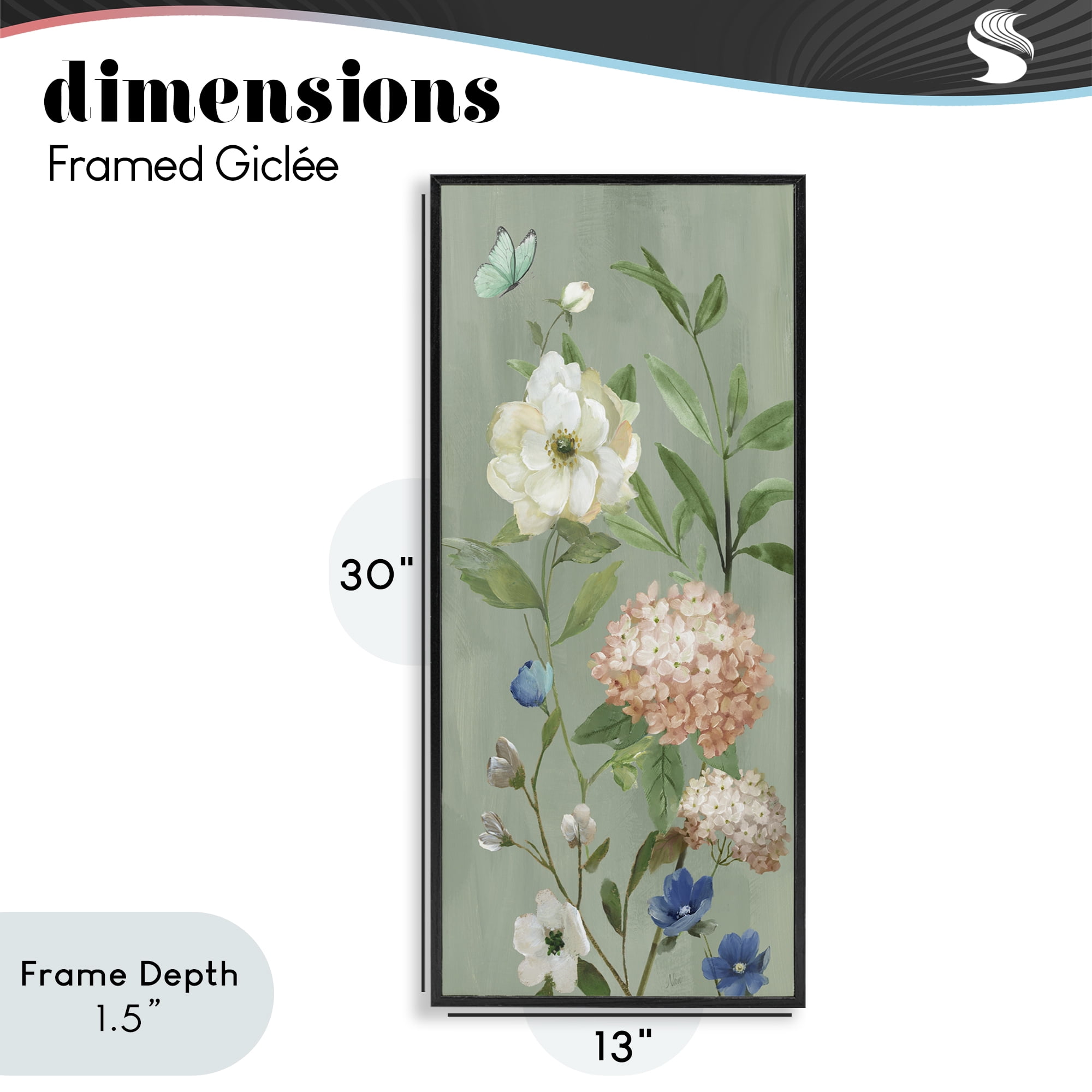 Stupell Industries Mint Floral Cluster & Butterfly Black Framed Giclee Art, design by Nan