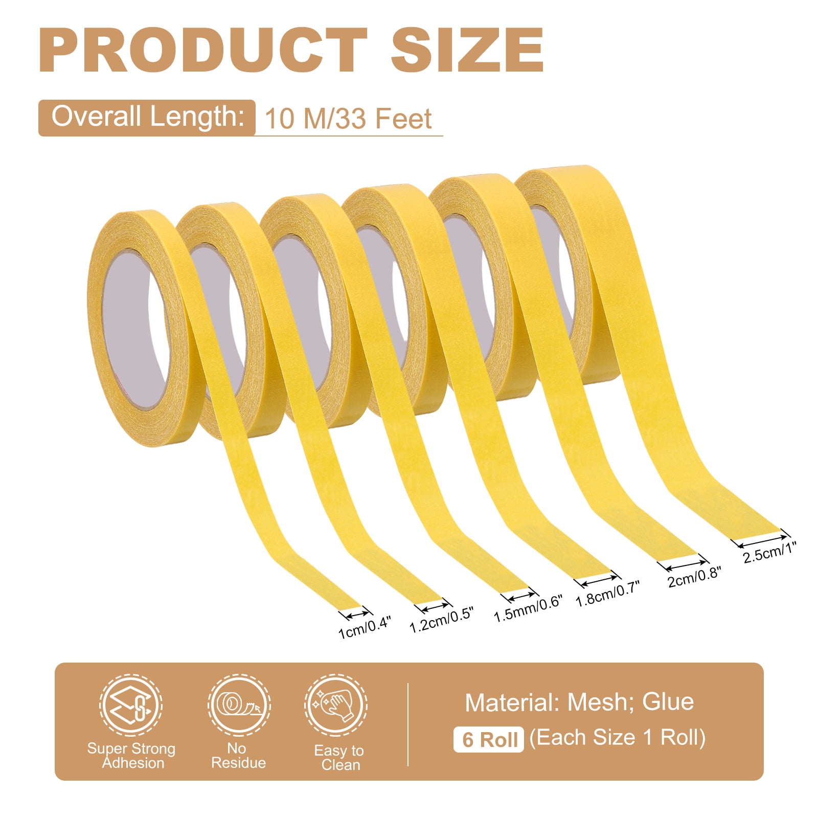 Uxcell Fabric Tape,5 Roll Carpet Tape Mesh Tape,33 Feet x 0.4/0.5/0.6/0.7/0.8/1",Yellow