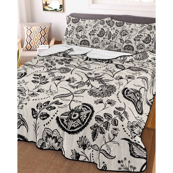 Black Spring Floral Queen Size Down Alternative Comforter, Lightweight Comforter Quilt Bedding Set with Pillow Shams Summer Botanical Farmhouse Vintage All Seasons Bed Comforter Duvet Insert 90"x96"