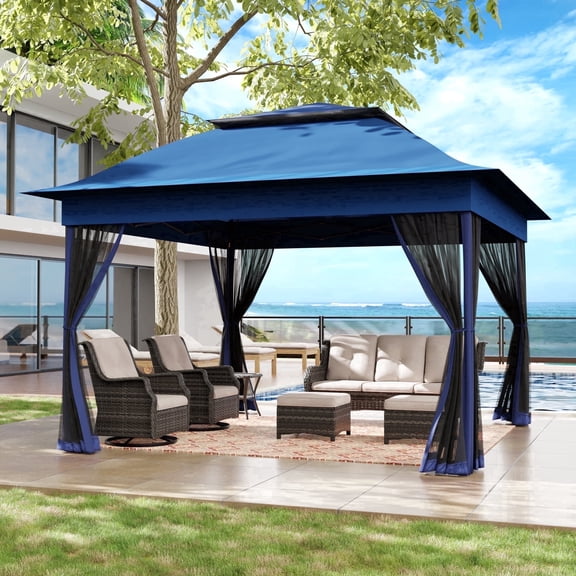 Meetleisure 11'x11' Pop Up Gazebo for Patios, Outdoor Canopy Tent with Sidewalls, Mosquito Netting, Pop Up Shelter for Wedding Party, Dark Blue