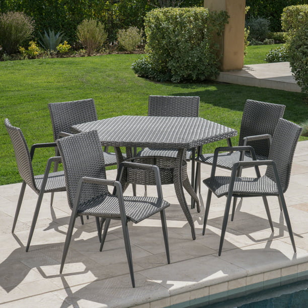 7 Piece Wicker Hexagon Dining Set Grey, Hexagon Patio Table With 6 Chairs