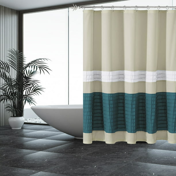 Beige Shower Curtain with Pleated Blue and White Pintuck Stripes