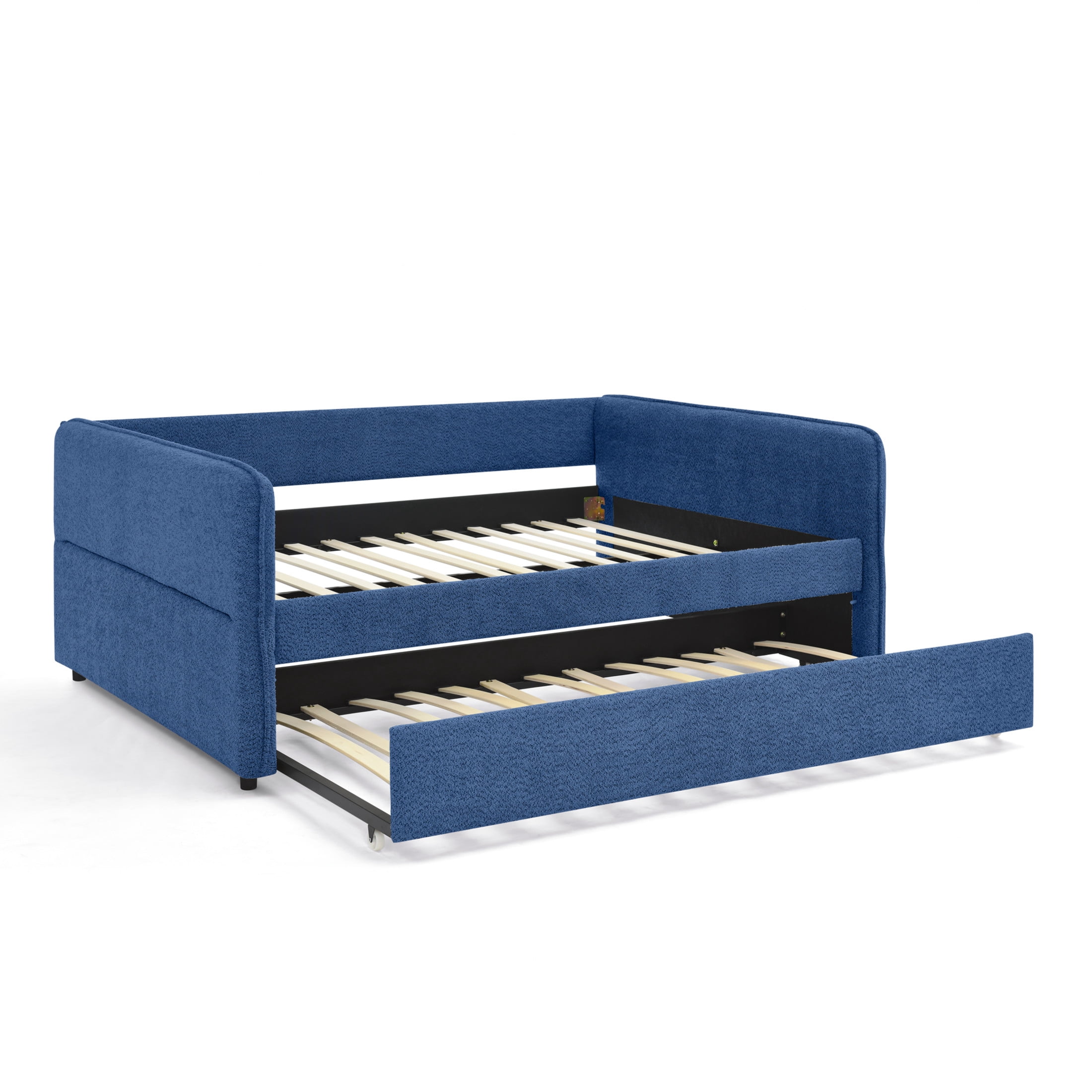 Noble House Zenton Full Size Boucle Daybed, Tufted Sofa Bed Frame with Trundle, Modern Guest Sleeper Couch, Blue