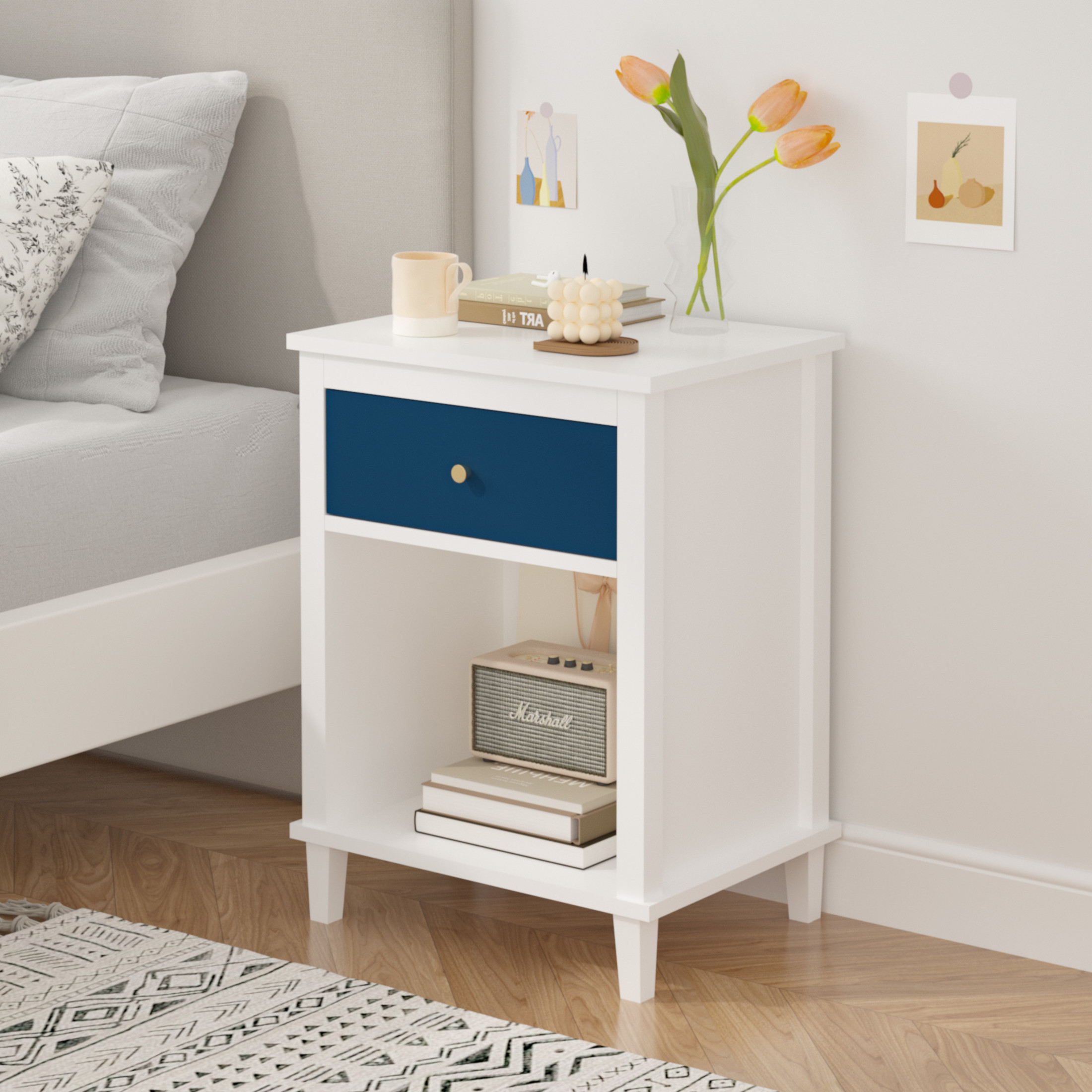 Noble House 26.8" Kids and Adults Wooden Nightstand, 1-Drawer  Bedside Table with Shelf, Silver Handle, White & Navy