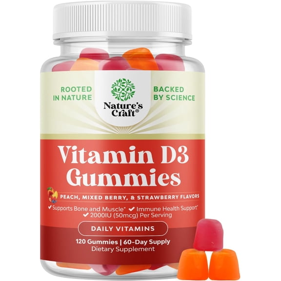 Chewable Vitamin D Gummies for Adults - Delicious Daily 2000IU per serving Vitamins for Adults Immune Support Plus Muscle and Bone Health - Gluten and Gelatin Free Non-GMO Fruit Flavors 120 gummies